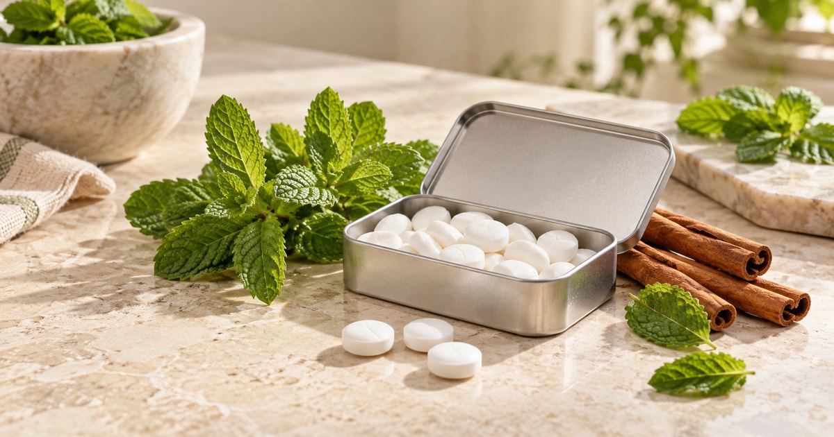 White mint tablets and peppermint leaves beside an open unbranded metal tin