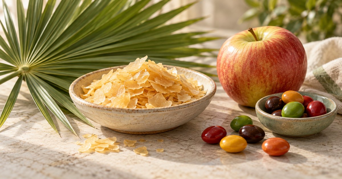 Palm leaves, golden wax flakes, glossy candy and an apple in soft natural light