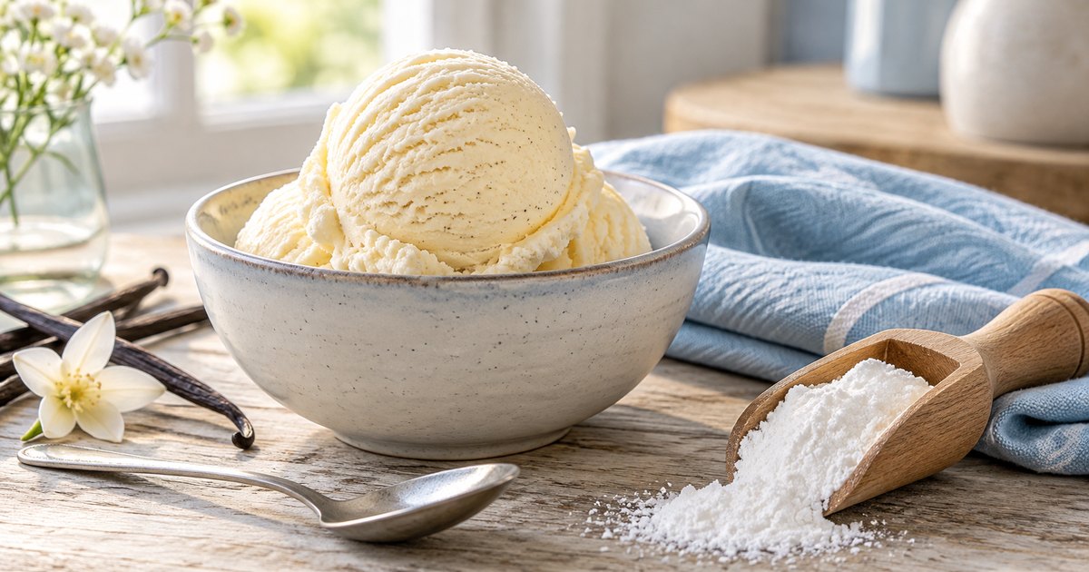 Vanilla frozen dessert beside a cotton cloth and a small wooden scoop of white powder