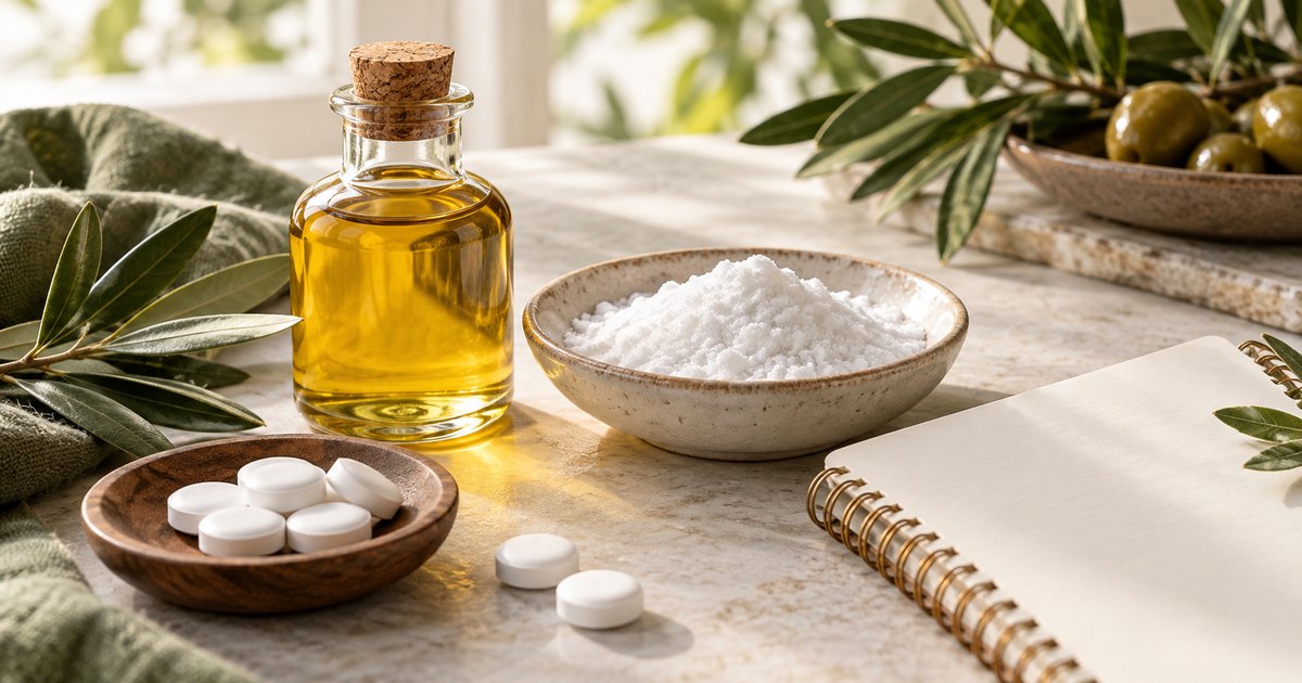 Vegetable oil, white ingredient powder and plain mint tablets beside a blank notebook