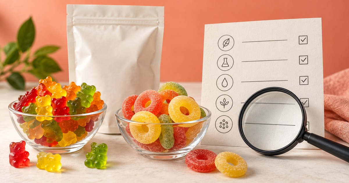 Unbranded gummy sweets beside a blank pouch, magnifying glass and ingredient checklist