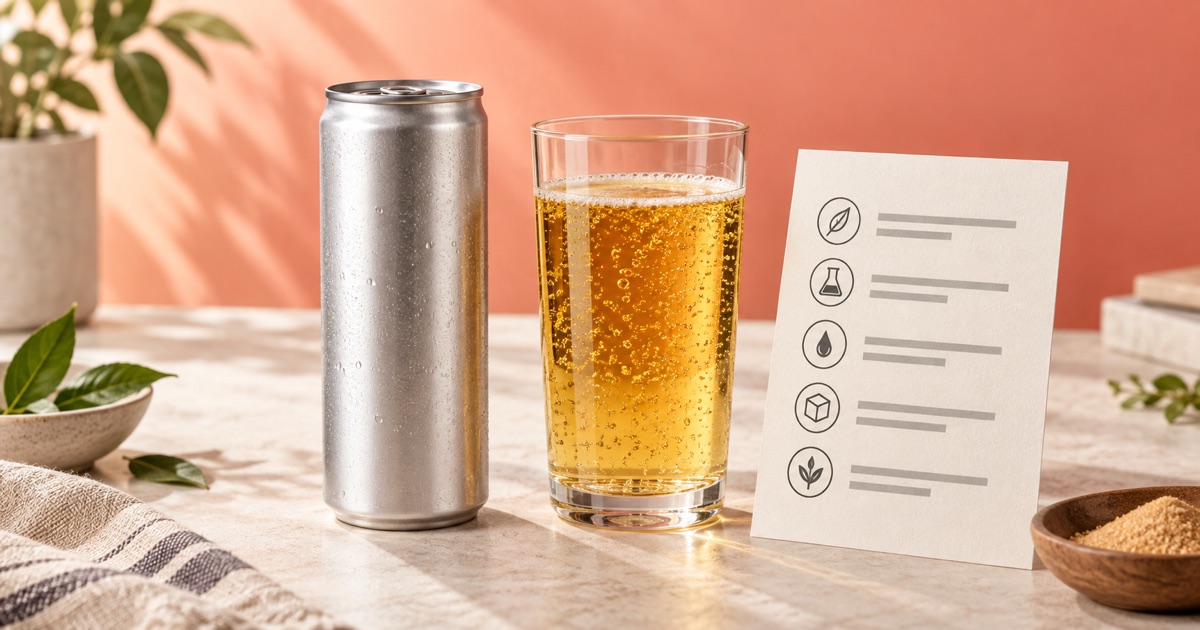 Unbranded energy drink can and glass beside an ingredient checklist