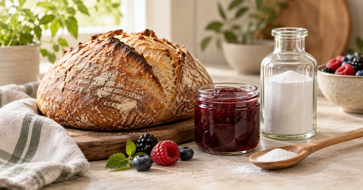 Bread, berry jam and a small spoon of white powder on a warm kitchen counter