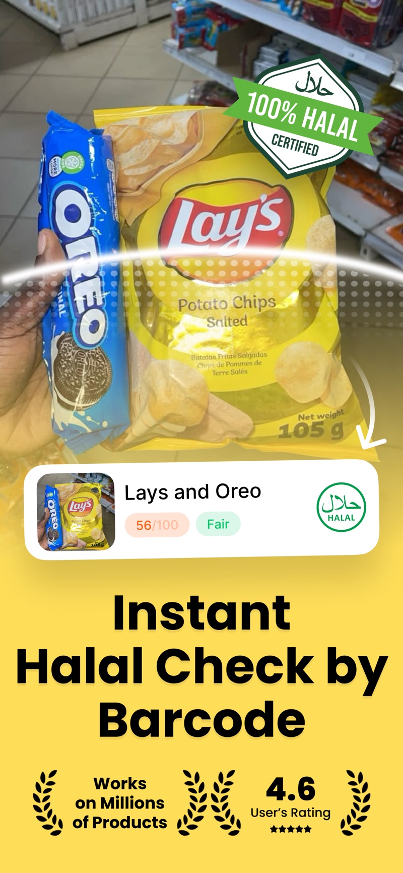 HalalFoodScan English App Store screenshot showing a phone camera scanning Lay’s crisps and Oreo cookies with a product score and halal result card