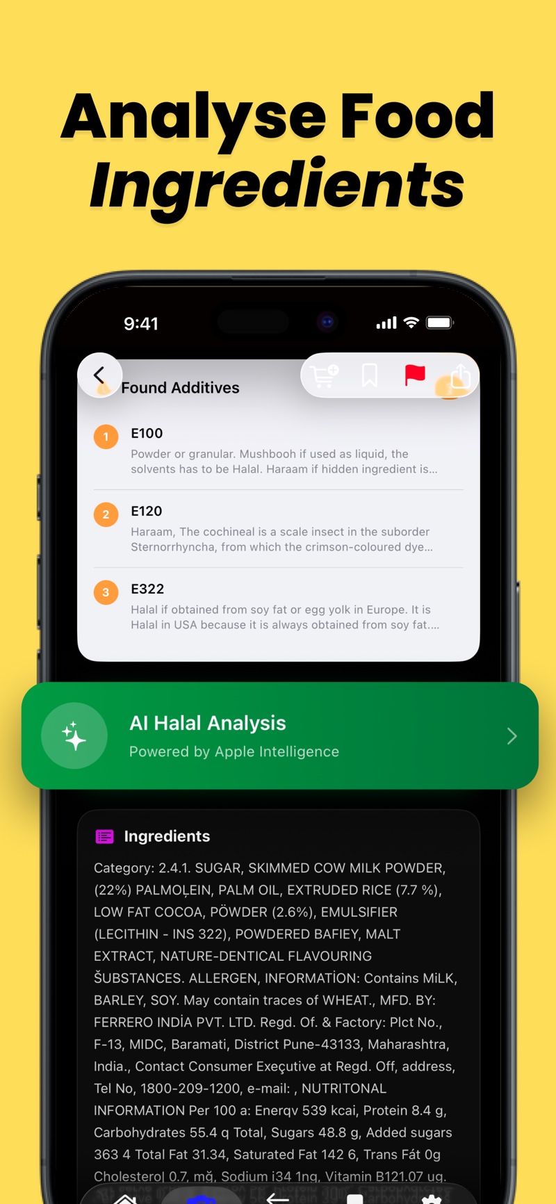 HalalFoodScan English ingredient analysis screen showing found additives, a product ingredient list and an AI Halal Analysis card