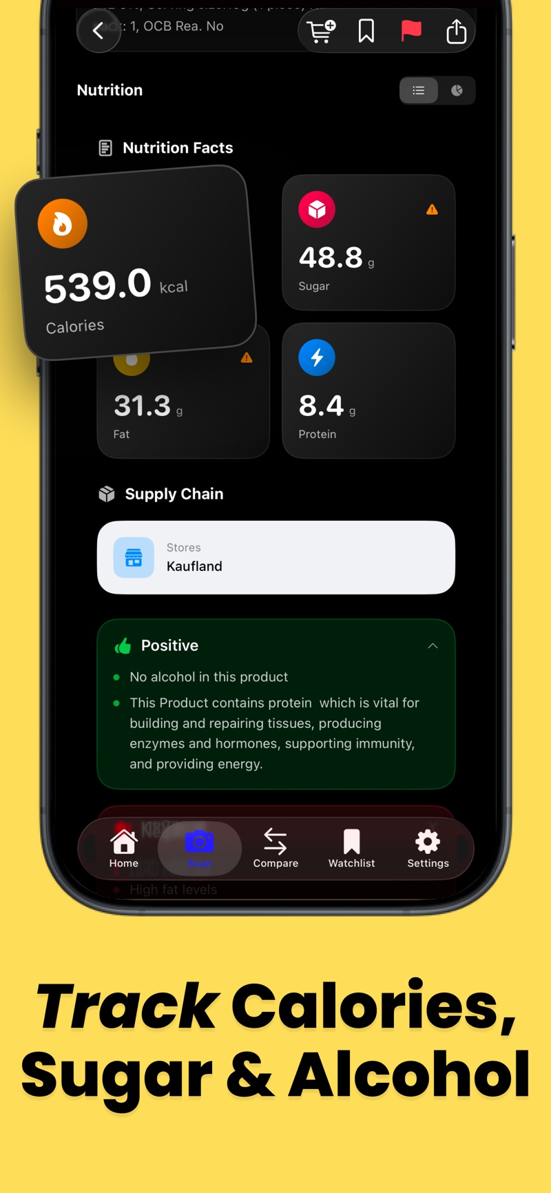 HalalFoodScan English nutrition screen showing calories, sugar, fat, protein, supply-chain information and a no-alcohol note
